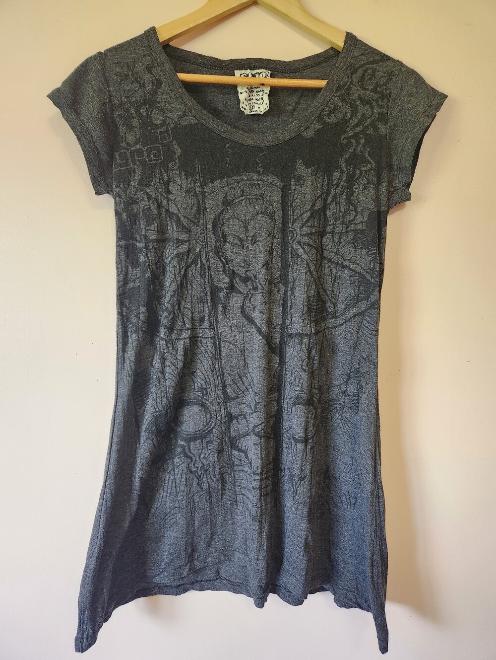 Sure Brand Graphic Tee Charcoal Gray Y2K Alt Grunge Buddha Boho Size S GUC